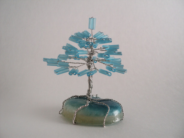 Silver Wire and Frosted Blue Glass Bead Bonsai Tree