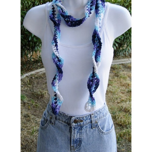 Women's Blue, Purple, and White Skinny SUMMER SCARF Small 100% Cotton Spiral Crochet Knit Narrow Lightweight Twisted Scarf, Ready to Ship in 3 Days