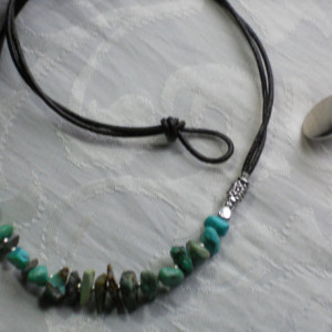 December Turquoise birth stone - chips beads necklace with brown Leather and silver tone beads. #N0090