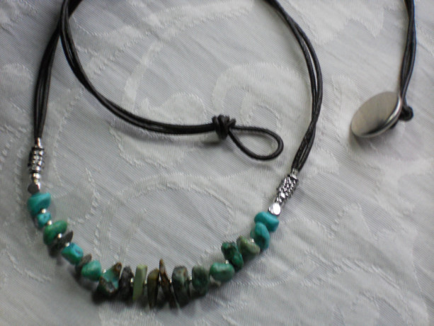 December Turquoise birth stone - chips beads necklace with brown Leather and silver tone beads. #N0090