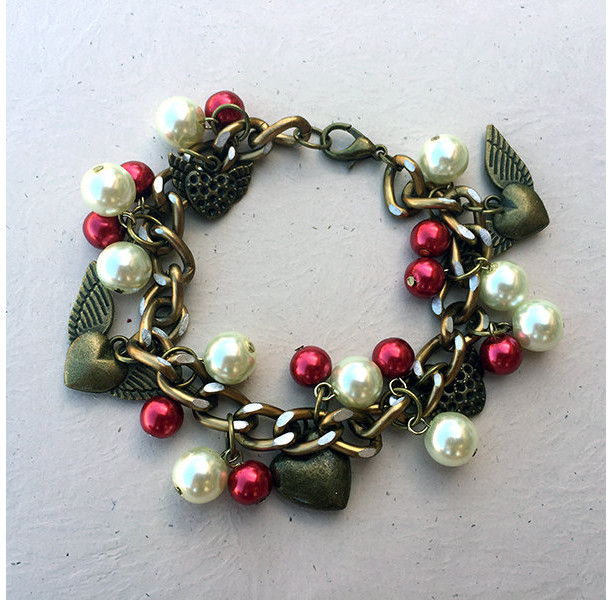 Winged Love Heart Charm Bracelet in bronze with red and white glass pearl dangles 129625