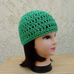 Solid Green Summer Beanie, 100% Cotton Lacy Skull Cap, Women's Crochet Knit Sun Hat, Lightweight Thin Chemo Cap, Ready to Ship in 3 Days