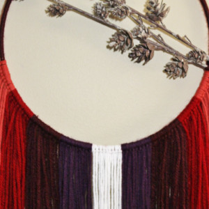 Bohemian Fringe Dream Catcher with a Pinecone Branch Accent - Wall Hanging Home Decor, Peach, Red, Burgundy, Plum, White Wool Fringe