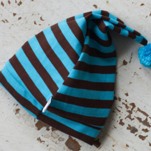 0-3 mo Elf - Hobbit - Gnome - Dwarf Hat with PomPom Tail. Newborn hat in turquoise and brown striped cotton fabric.