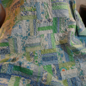 Blue and green lap quilt, baby or toddler quilt, couch throw, shades of pale blue and green handmade blanket
