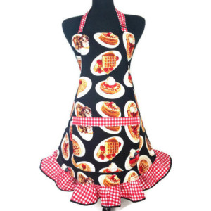 Retro Style Kitchen Apron for Women , Berries and Waffles with Red and White Check Ruffle
