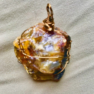 AMBER Healing Crystal Wrapped in Brass Wire (with choice of Necklace Strand Color)