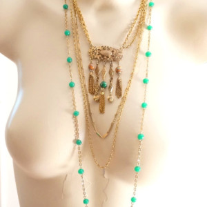Vintage Venetian Millefiori Jade Glass & Chain Assemblage Gypsy Necklace