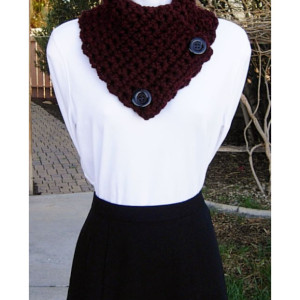 NECK WARMER SCARF Dark Burgundy Wine Red, Chunky Wool Blend, Black Buttons, Soft Thick Winter Crochet Knit Cowl..Ready to Ship in 5 Days