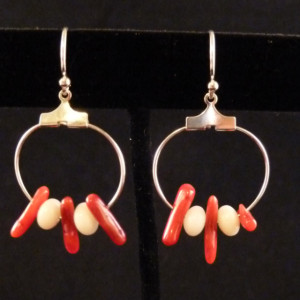 Red Branch Coral and White Coral Beads on Small Hoop Earrings