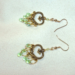 Earrings of Heart Shaped Antique Gold and Green AB Teardrop Dangles