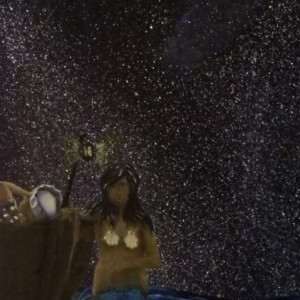 Oh Sailor-acrylic painting of mermaid in ocean with ship and sailor in small boat under the stars
