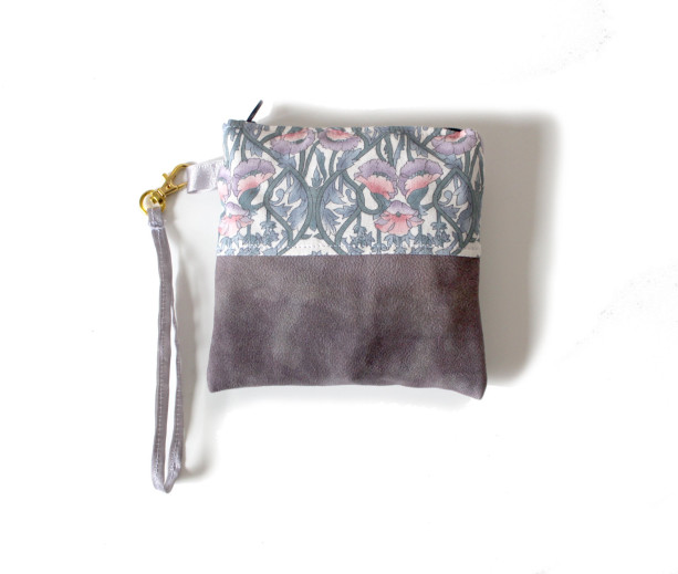 Leather Wallet Wristlet Coin Card Case Zipper Pouch - Purple and Floral - by Katie Gariepy