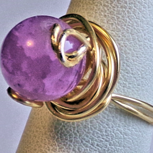 Gold Tone Ring with Lavender Bead Size 8