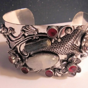 Moonstone Garnet Sterling Silver Cuff Bracelet