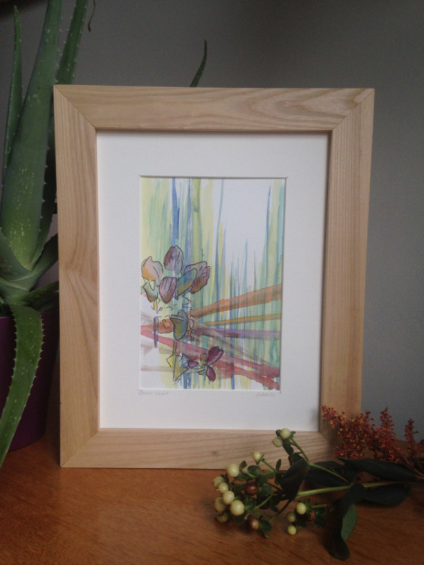 Original Abstract Watercolor Green and red lines with flower line drawing of violets in handmade solid wood maple frame