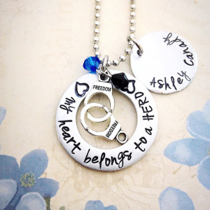 Police Officer wife, My heart belongs to a hero, police wife necklace, police officer support, hand stamped jewelry, hand stamped necklace