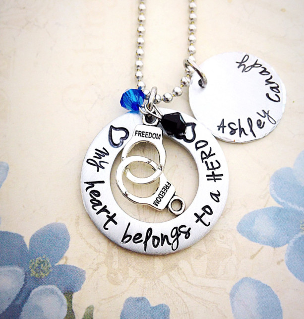 Police Officer wife, My heart belongs to a hero, police wife necklace, police officer support, hand stamped jewelry, hand stamped necklace