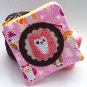 Little pink and white owl zipper pouch with needle punch embroidery