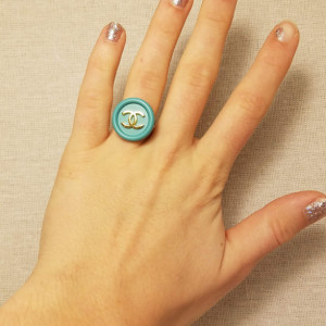 Authentic Iconic Designer Button Ring Tiffany Blue and Gold, Insignia ring Classic Designer Up cycled Button Jewelry Ring