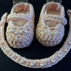Baby Booties - Mary Janes and Headband Set - Pink with Pink Pearls