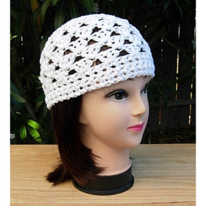 Solid Basic White Summer Beanie, Sun Hat, 100% Cotton Lacy Skullcap, Women's Crochet Knit, Warm Weather, Chemo Cap, Ready to Ship in 3 Days