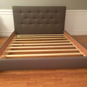 Mid century modern  headboard and bed frame Gray Linen upholstered