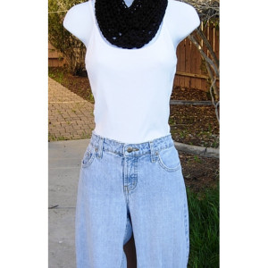 Women's Solid Black SUMMER SCARF Small Infinity Loop Soft Silky Lightweight Crochet Knit Narrow Short Skinny Cowl, Ready to Ship in 3 days
