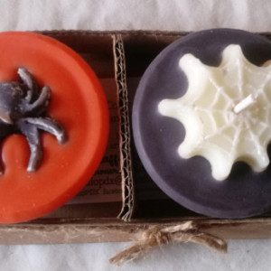 Set of 2 handmade 3.5 oz soy wax “Spiders and Webs” candles