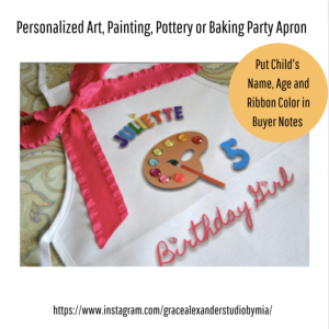 ONE Birthday Personalized, Art Party Apron, Pottery, Painting Party, Personalized Apron Smock, Palette, Ribbon, Pattern, Gems, Birthday