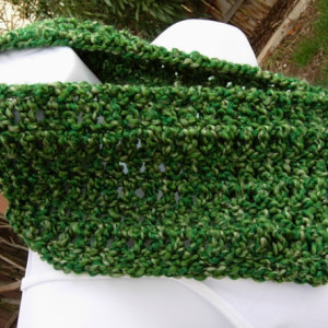 Green SUMMER COWL SCARF, Light, Bright Dark Green, Small Short Soft Infinity Loop Crochet Knit, St Patrick's Day, Office, Ships in 2 Days