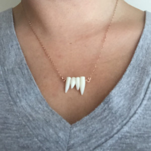 White Coral Vampire "Teeth" Fangs Necklace in Sterling Silver, Choice of necklace length of 16", 18" or 20", Halloween Jewelry, Costume