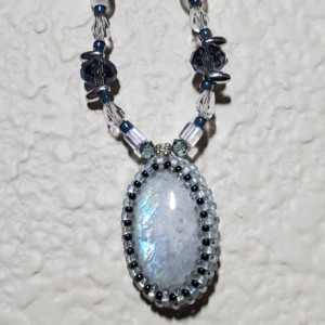 Necklace - Moonstone Gemstone in Glass Beaded Bezel, ID - 369