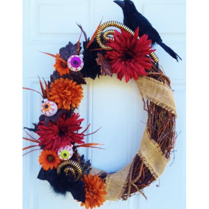 Fall Halloween Wreath in Black and Orange with Red and Burlap Accents - Googly Eyes Wreath with Bat, Crow, Sparkle Leaves and Fall Flowers