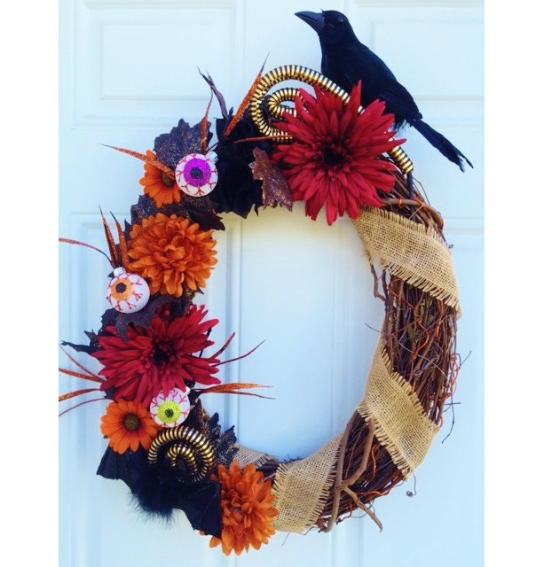 Fall Halloween Wreath in Black and Orange with Red and Burlap Accents - Googly Eyes Wreath with Bat, Crow, Sparkle Leaves and Fall Flowers