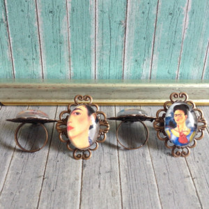 Frida Kahlo Rings with frames, Glass Dome, Frida Kahlo Portrait on a Glass Dome