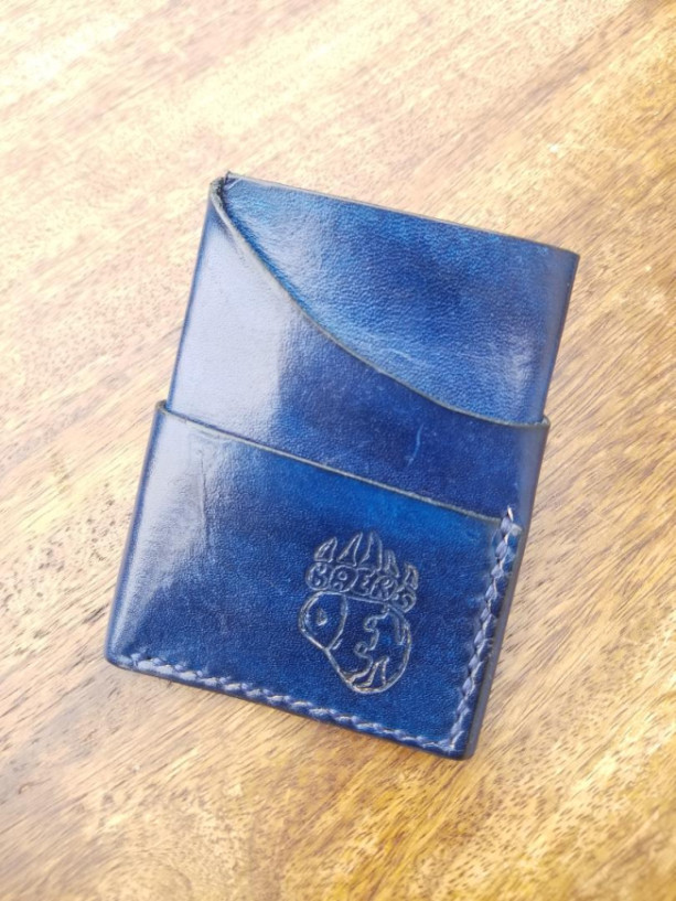 Leather Card Wallet Blue with navy blue thread