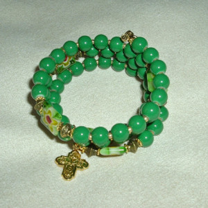 Rosary Bracelet of Green Glass Beads, Gold Findings