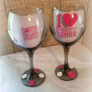Victoria Secret I Love Pink Wine Glass Set 2pc Customized