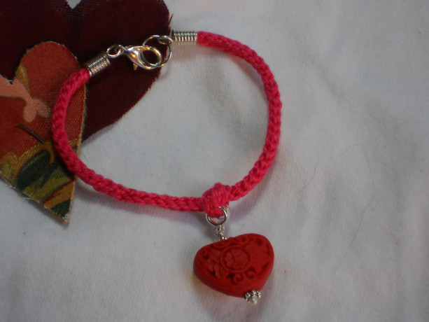 I'm Knots About You - Pink Cotton Hand Crocheted Valentines Bracelet with Red Cinnabar Carved Heart #B00142