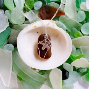 Amber brown sea glass necklace with starfish charm, amber sea glass jewelry,starfish necklace, sea glass necklace, amber sea glass,