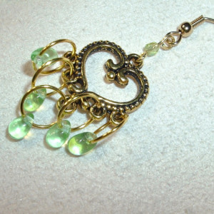 Earrings of Heart Shaped Antique Gold and Green AB Teardrop Dangles