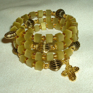 Rosary Bracelet of Greenish Gold Beads, Goldtone Findings
