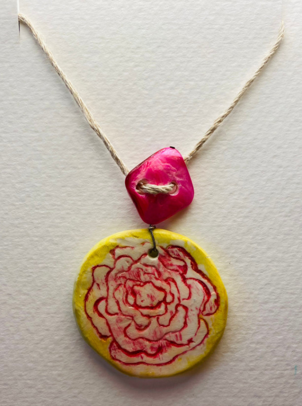 Hand carved, hand painted watercolor clay necklace