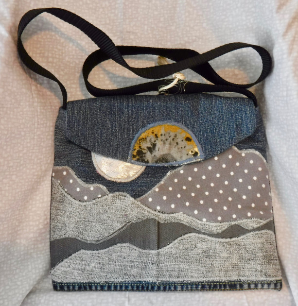 Moonrise over the Mountains shoulder bag made from up cycled denim 
