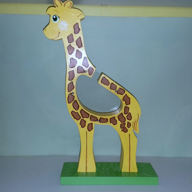 Yellow and Brown Personalized Wooden Giraffe  Money Bank 17 inches tall. Available for immediate shipment.