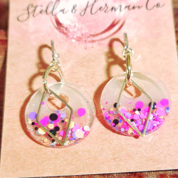 Glitter Resin Hoop Earring Dangles, neon handmade birthday gift idea, tween and teen girls, trendy summer accessories