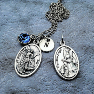 Personalized Silver Plated Saint Michael and Guardian Angel Necklace