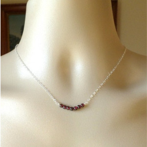 Silver Garnet Necklace - January Birthstone Jewelry  - Tiny Sterling Silver Curved Bar Gemstone Necklace - Gemstone Necklace - Mothers Day
