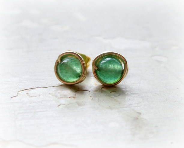 Aventurine Stud Earrings, Gold Wire Wrap Studs, Little Studs, Hypoallergenic, Gold Filled Posts, Green Stud Earrings, Contempo Jewelry